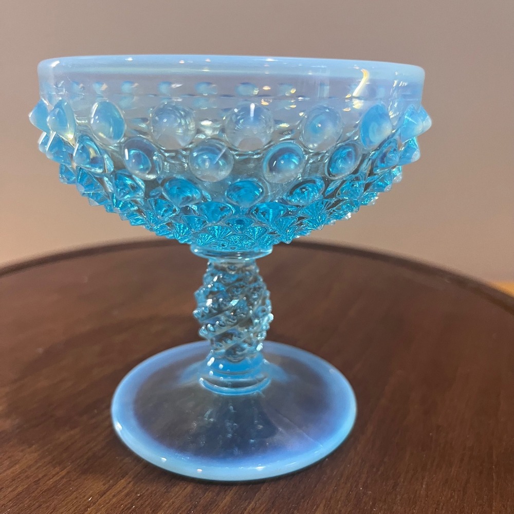 Vtg Fenton Blue Opalescent Hobnail Art Glass Sherbet Goblet MCM Twisted Stem